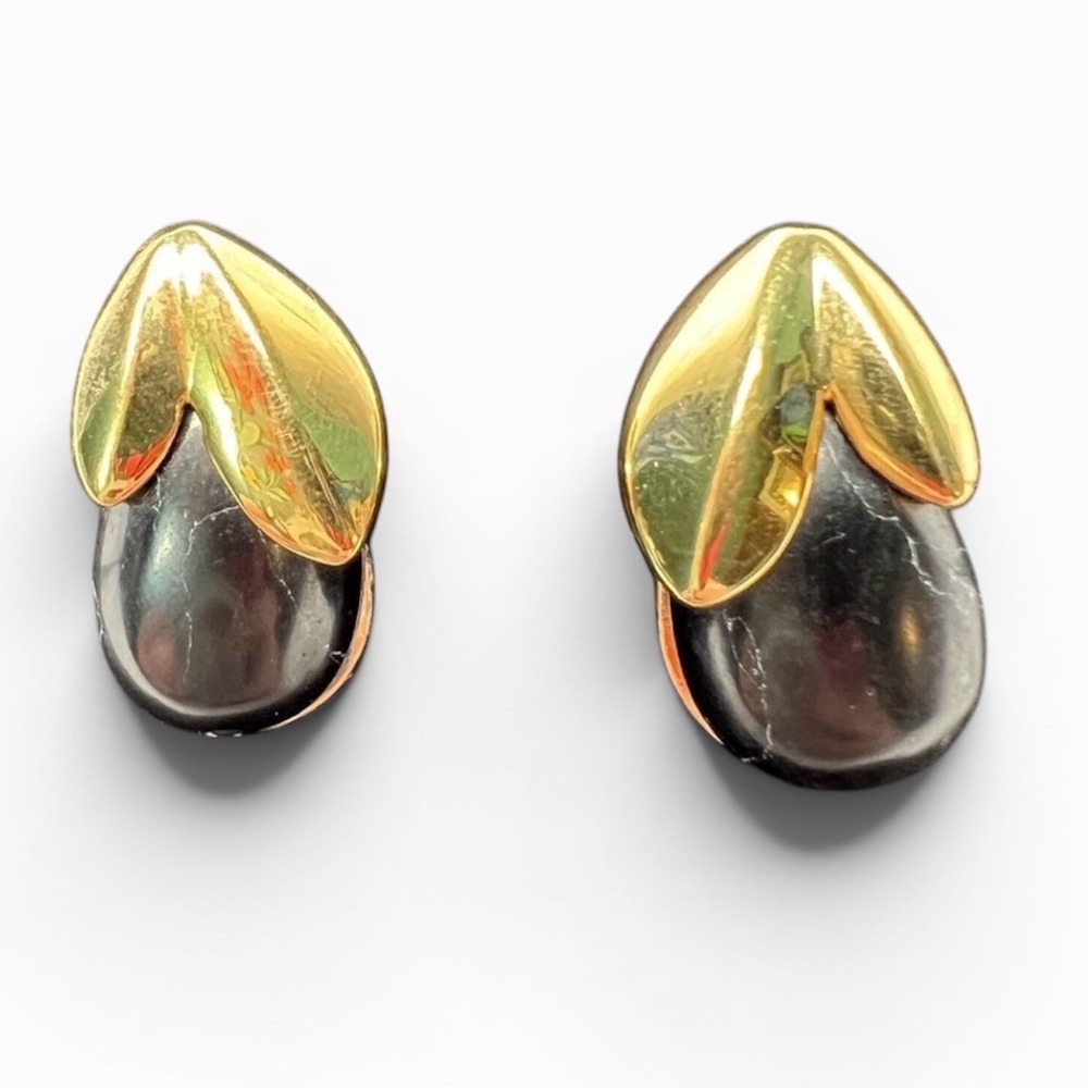 Black‎ Stone Earrings Eggplant Gold Tone LS Stamped Stud Earrings